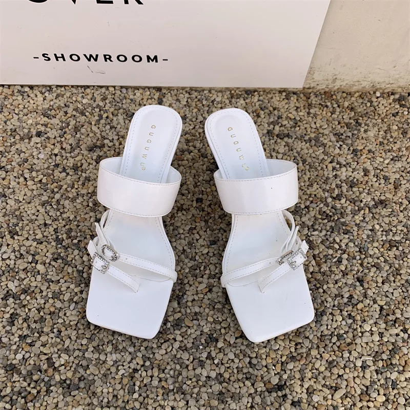 2023 New Rhinestone Transparent Chevron, Square Toe, Thin Heel, High Heeled Sandals, Women's Summer Wear