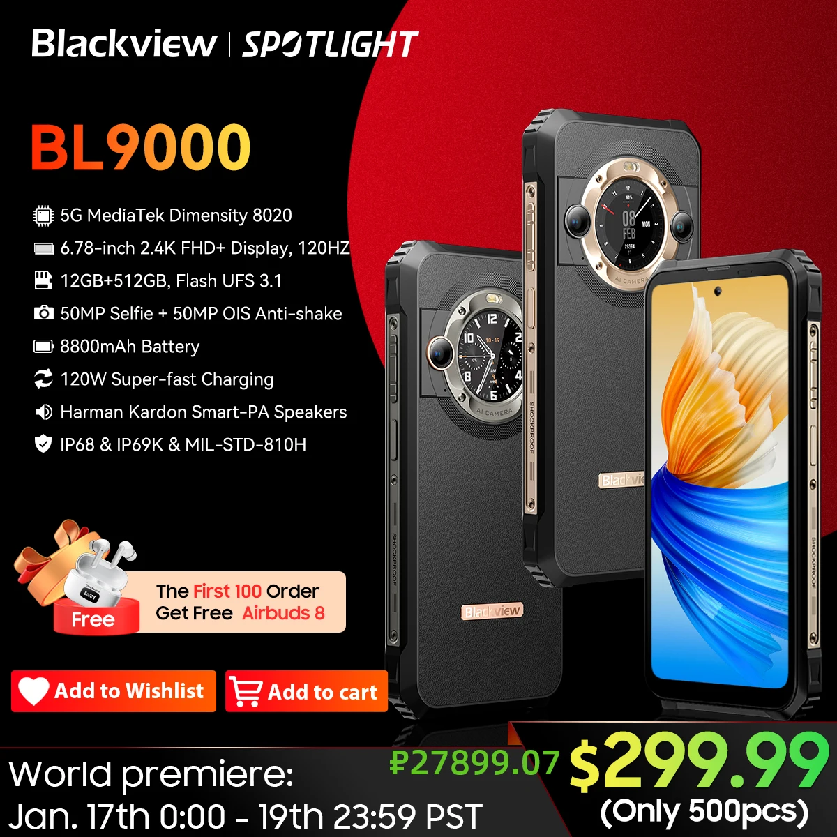Blackview-teléfono inteligente BL9000 5G, Smartphone resistente de 6,78 pulgadas, 2,4 K, FHD + 24GB, 512GB, 50MP, 8800mAh, 120W, pantalla Dual