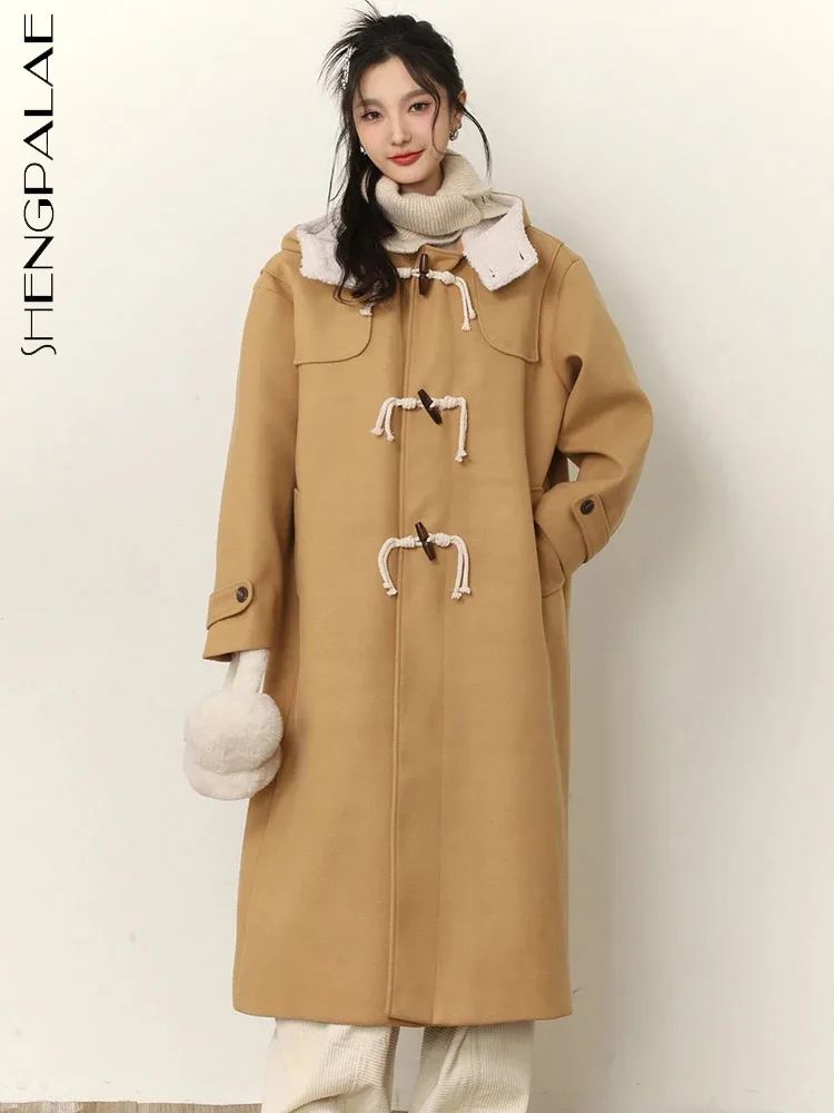 

SHENGPALAE Autumn 2023 New Women's Hooded Woolen Coat Casual Loose Straight Blends Outwear Khaki Mid Calf Female Jacket 5R7753