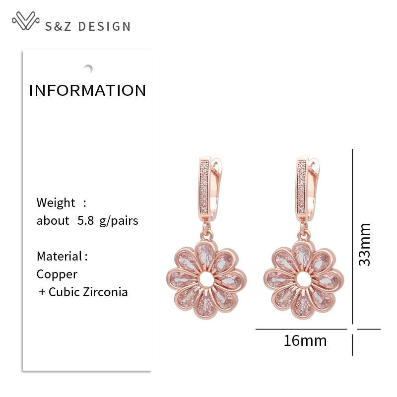 S&Z DESIGN New Fashion Elegant Flowers Cubic Zirconia Dangle Earrings For Women Vintage 585 Rose Gold Color Fine Jewelry Gift