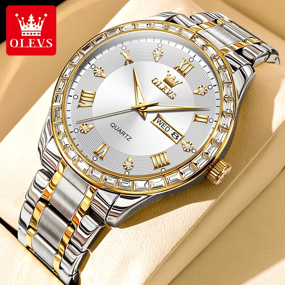 OLEVS Fashion Crystal Diamond Design Quartz Watch Men Stainless Steel Waterproof Luminous Week Date Watches Relogio Masculino жидкая помада satin mood оттенок 201 fashion week