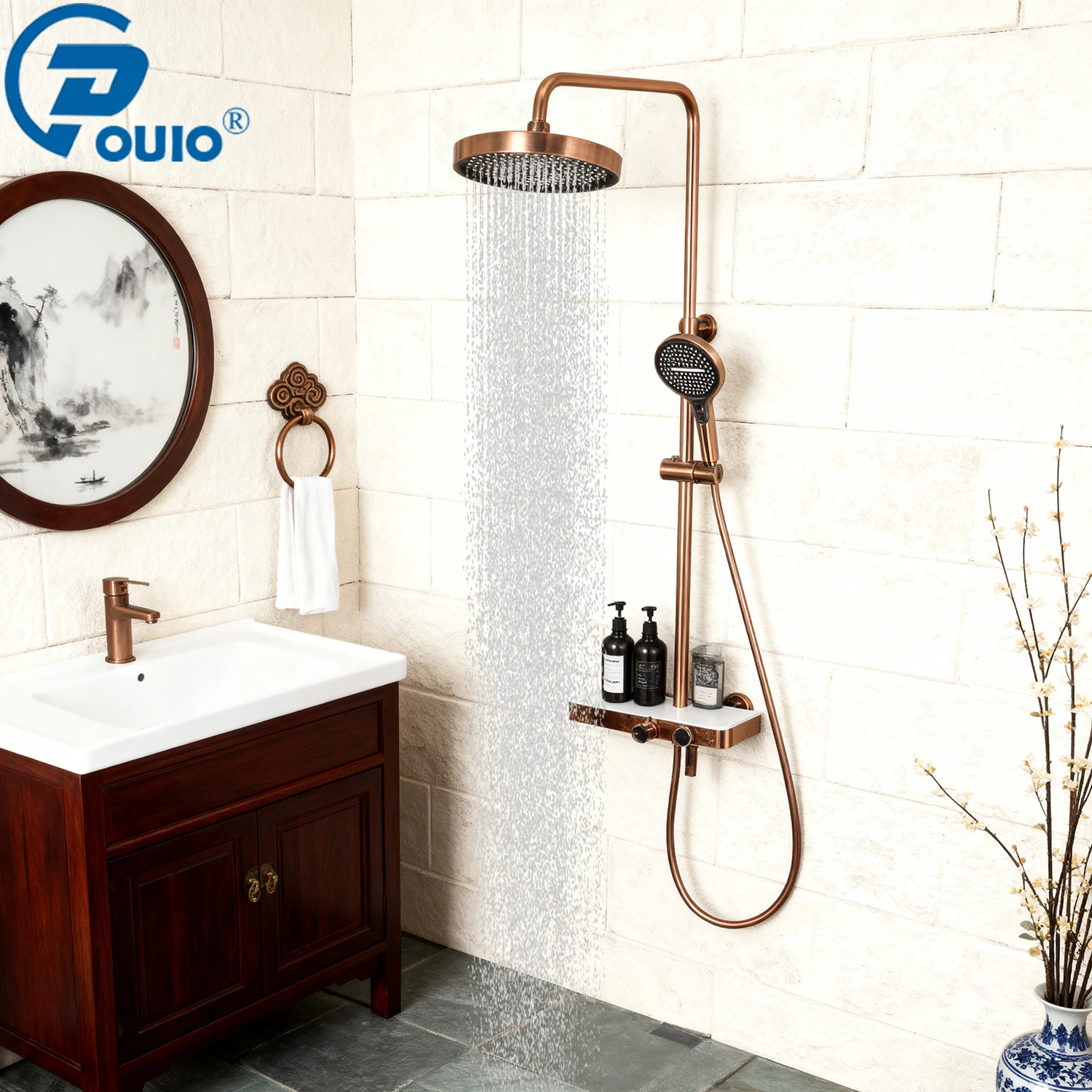 ระบบฝักบัว UIO สีโรสโกลด์ 4 ฟังก์ชั่น, ฝักบัวแบบเรนชาวเวอร์แบบติดผนังพร้อมหัวฉีดแบบมือถือ, ชุดฝักบัวพร้อมชั้นวางเก็บของ 1