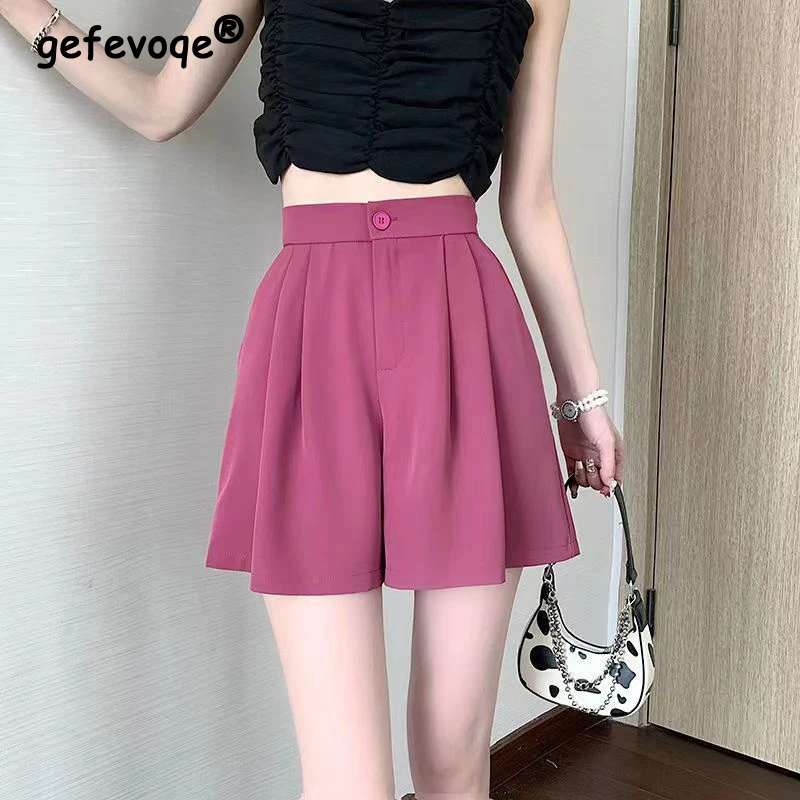 2023 Women Summer Harajuku Pleated Streetwear Elegant High Waist Suit Shorts Korean Solid Wide Leg Short Pants Pantalones Cortos