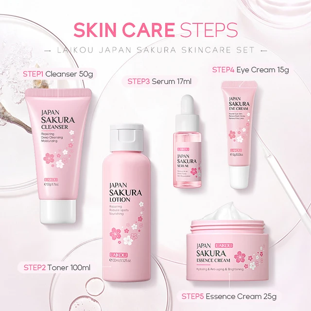 Sakura – Kit de soins du visage pour femmes, 5 pièces/boîte, blanchissant, hydratant, nettoyant, sérum, Toner, crème pour les yeux, japon