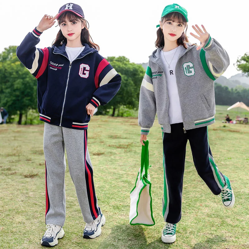 

Spring Autumn Girls Alphabet Embroidery Hooded Zip Sweat Jacket+Sweatpant Set School Kids Tracksuit Child Jogger Outfit 3-16 Yrs