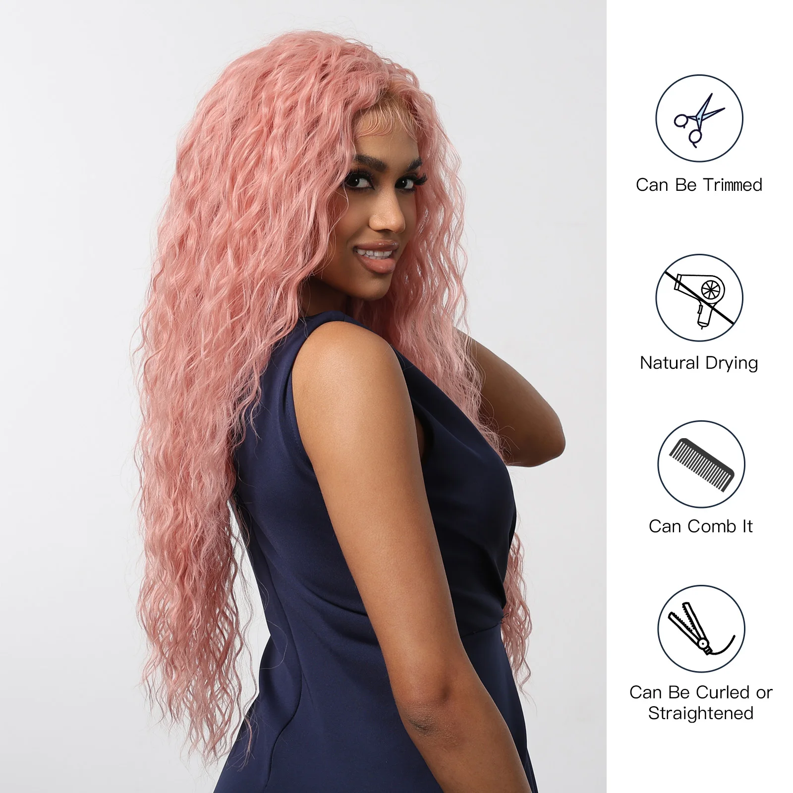 Long Wavy Curly Lace Synthetic Wig Pink 13*6 Lace Synthetic Wigs Cosplay Party Use Natural Hair Heat Resistant Fiber