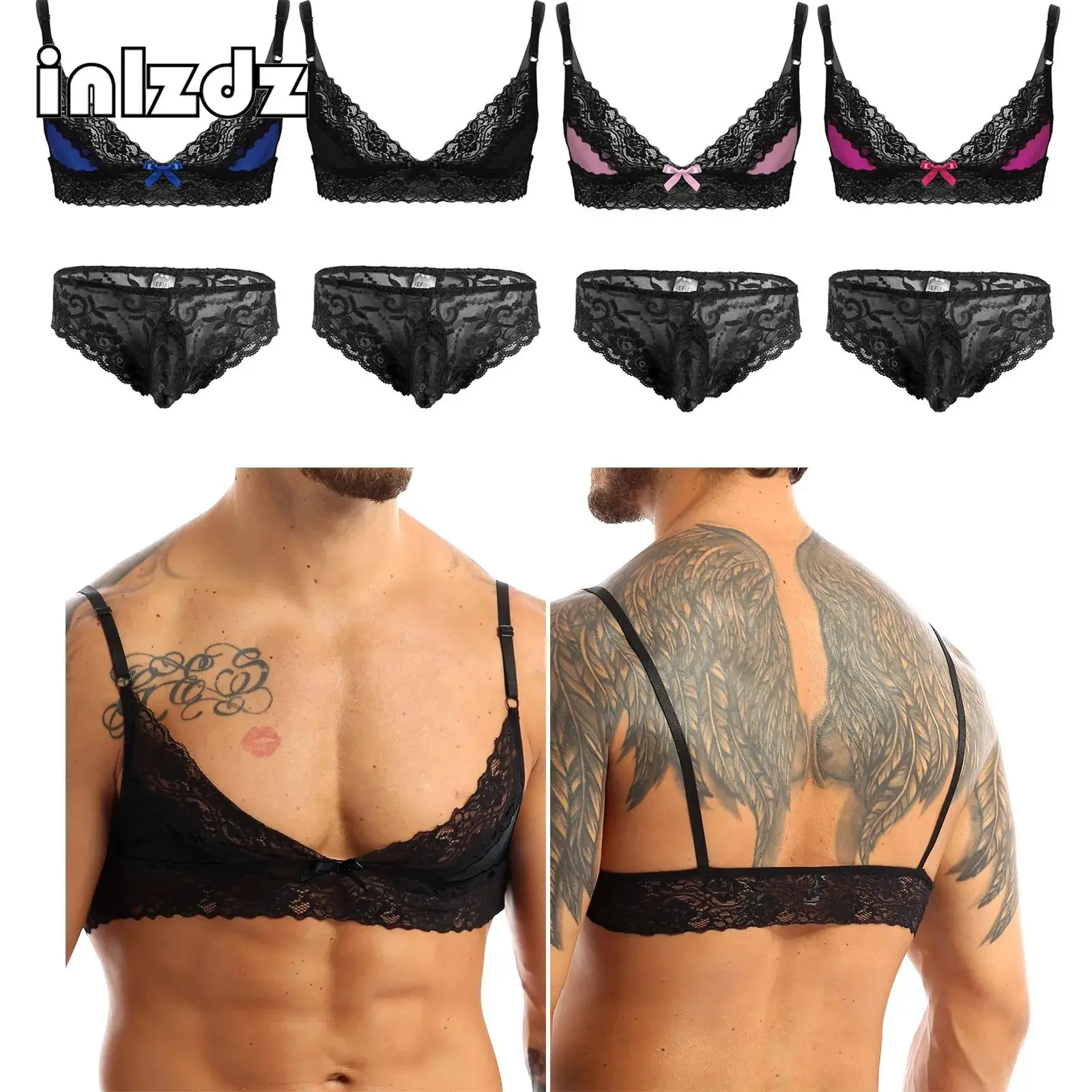 

Mens Sissy Lingerie Lace Set Adjustable Shoulder Straps Bra Top with Bulge Pouch Briefs Underwear for Nightwear Sleepwear