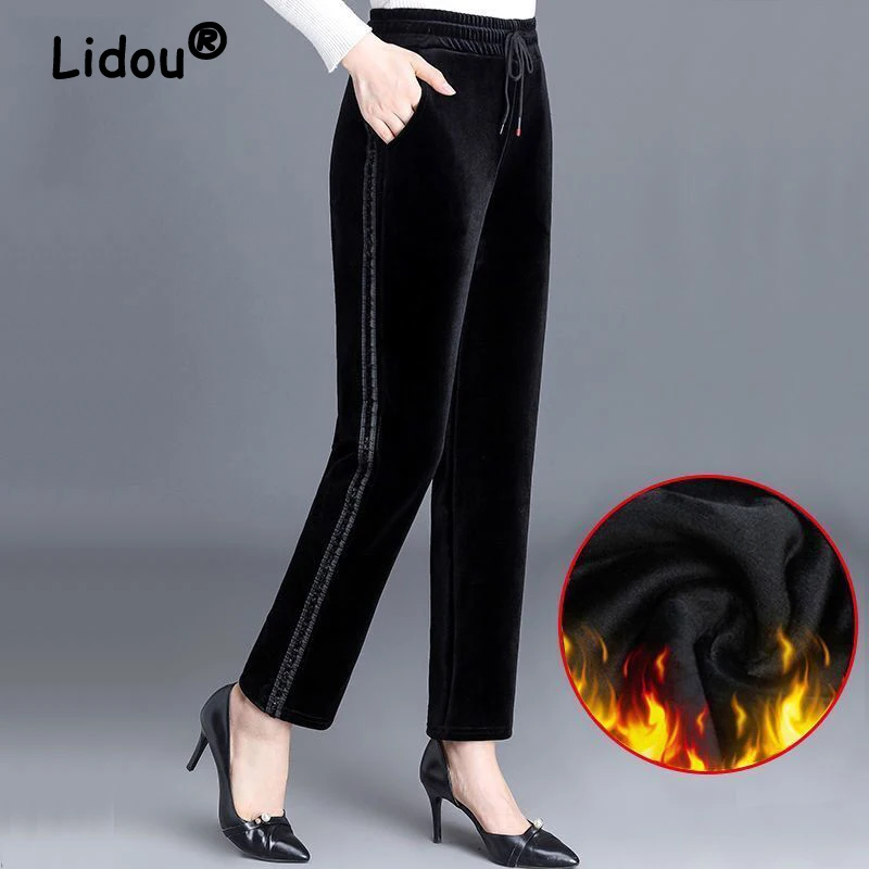 

2023 Autumn Winter Women Fashion Gold Velvet Side Striped Sports Pants Casual Plush Thick High Waist Straight Trousers Pantalon