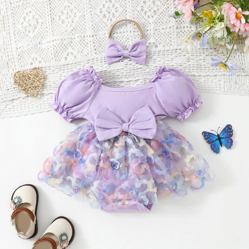 

Baby Girl 2 Piece Set Frill Trim Puff Sleeve 3D Flower Romper Dress + 3D Bow Headband Infant Toddler Summer Outfits 0-24Months
