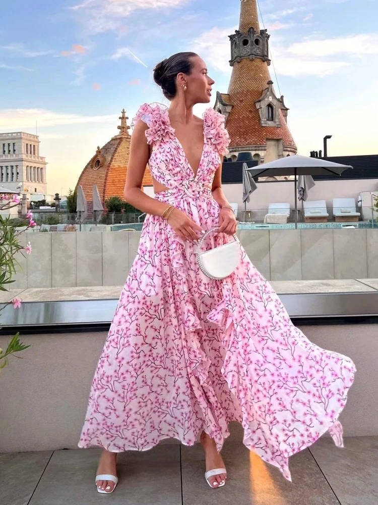 Women's Holiday Party Dresses Sexy V Neck Backless Floral Ruffle Long Dress Blue Pink Sleeveless Print Hollow Out Split Dress