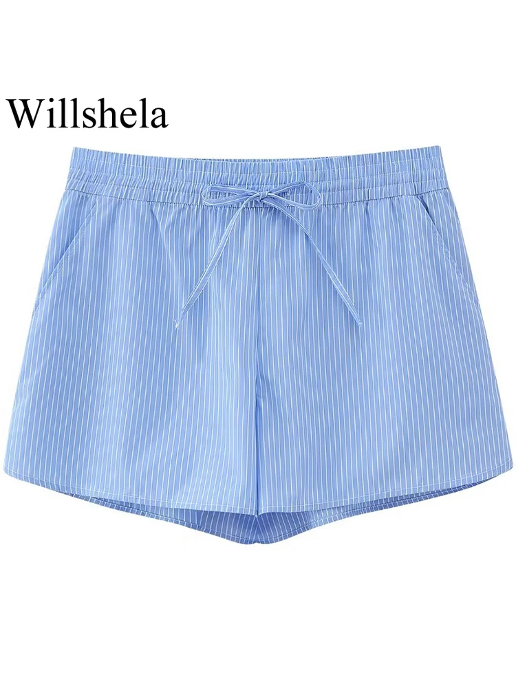 

Willshela Women Fashion Striped Blue Lace Up Mini Shorts Vintage High Elastic Waist Female Chic Lady Shorts
