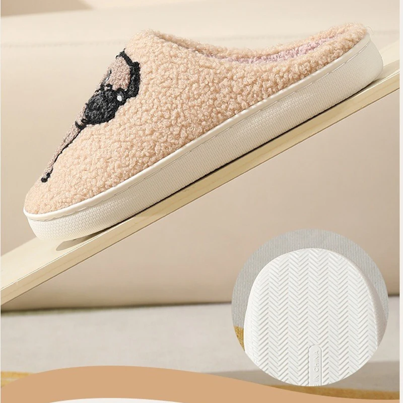Pet Pattern Pug Pug Embroidery stuffed Home Platform Cozy Furry Cotton Slippers Cute Warm Non-slip Indoor Slippers Pet Mom Gift 4