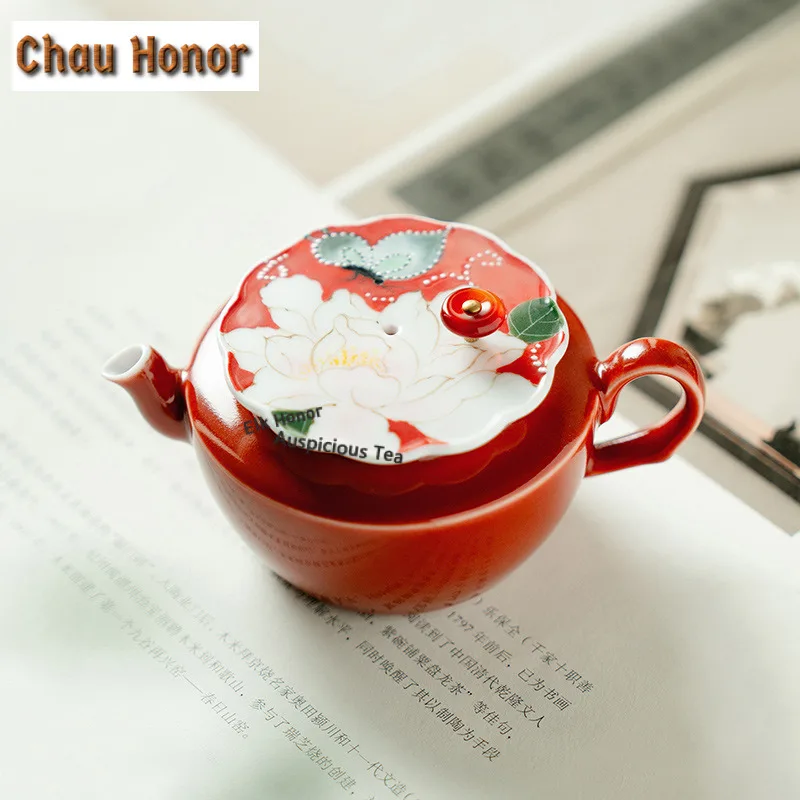 120ml Hand-painted Butterfly Peony Red Teapot Zen Tea Infuser Pot Household Tea Maker Kettle With Ball Hole Teaset Supplies Gift