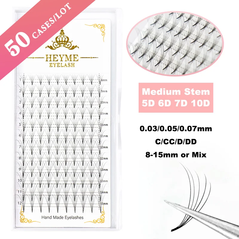 

Heyme 50Cases Premade Fan Lashes Sharpen Middle Stem 5D/6D/7D/8D/10D Slim Thin Pointy Base Russian Volume Fans Eyelash Extension