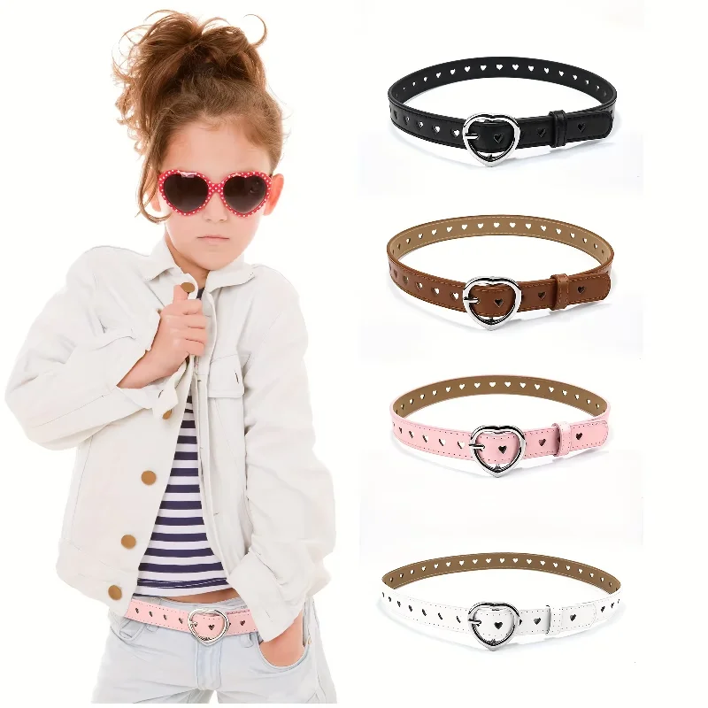 1 Piece Kids Faux Leather Belt Cute Children Girls Peach Heart Buckle Belts Solid Waistband Love Heart Eyelet Grommet Waist Belt children belt