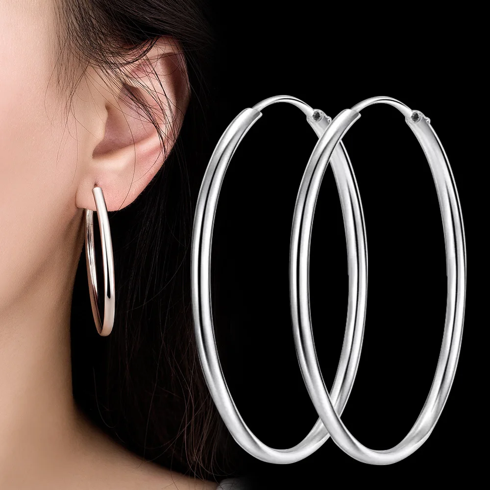 Hasnsofie Orecchini A Cerchio Huggie In Argento 925 – Grandi Dimensioni 30/40/50 Mm – Ipoallergenici E Lucidi