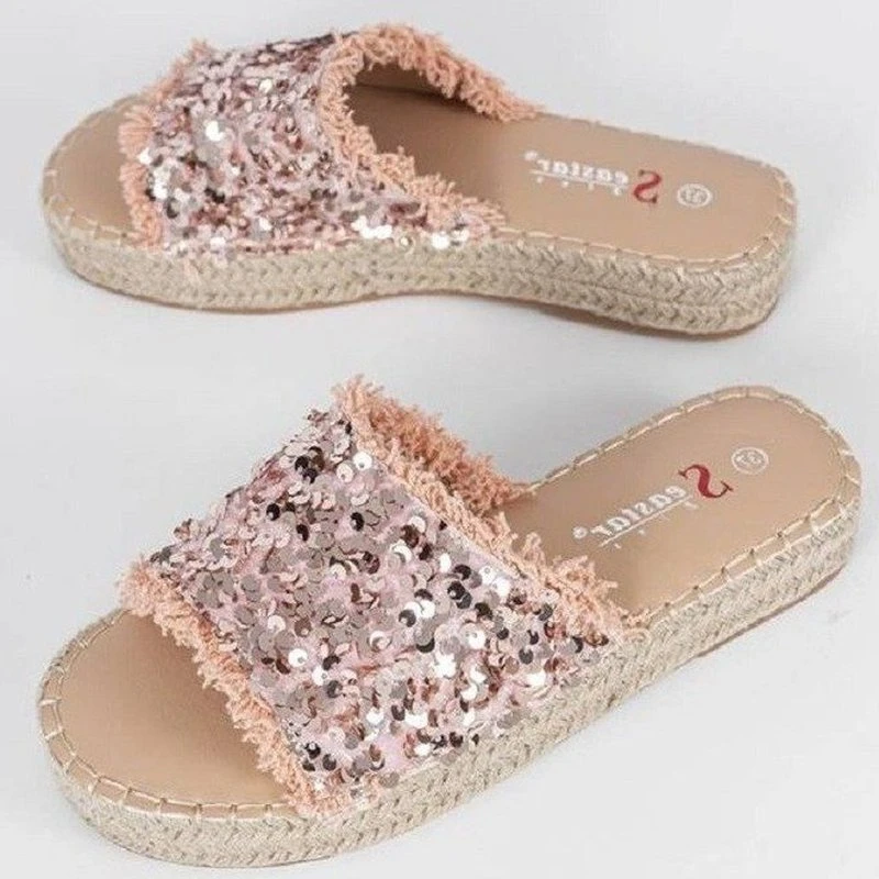 

Шлепанцы женские с пайетками, модные сандалии с открытым носком, плоская подошва, уличные тапочки для отдыха, лето 2022