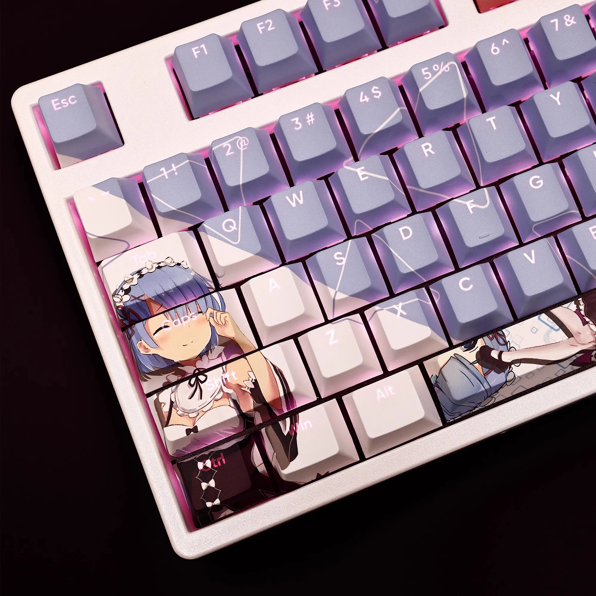 Anime Keycaps Grupo 108 Chaves Conjunto Re: Vida em um Mundo Diferente de Zero Rem Pbt Tintura Subbed Backlit Keycaps Ansi 61 87 104 - Imagem 3