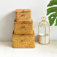 Rattan Weaving Wicker Shelf Baskets New Lid Rectangular Bin Handwoven Home Organizer Bedroom 2