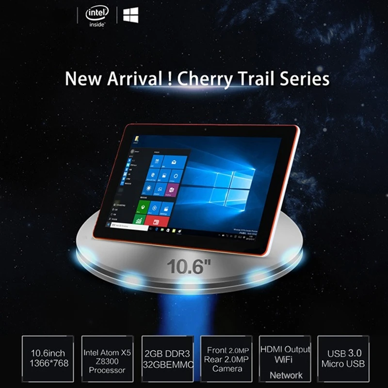 32Bit 10.6" Windows 10 Tablet PC 2GB RAM 32GB ROM X5 Z8300 Quad Core 1.44-GHz 1366 x 768 Pixel WIFI HDMI 6600mAh 3
