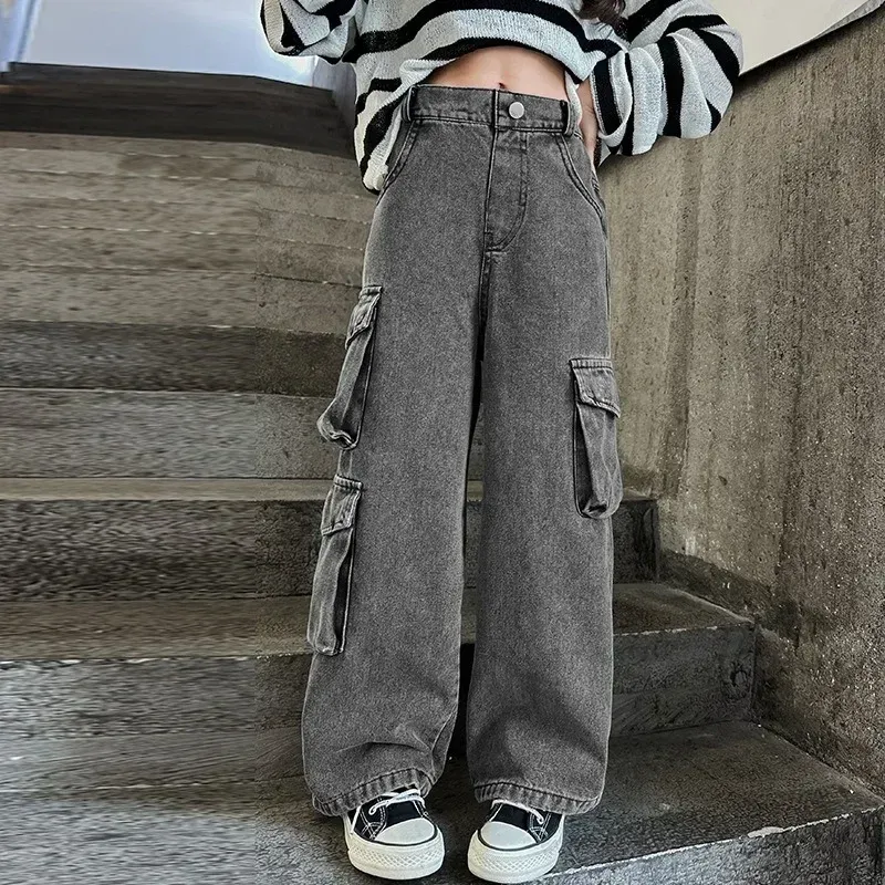 2025 New Arrival Spring Children's Jeans Girls Big Kids Fashionable Pocket Work Wear Pants Ripped Jeans