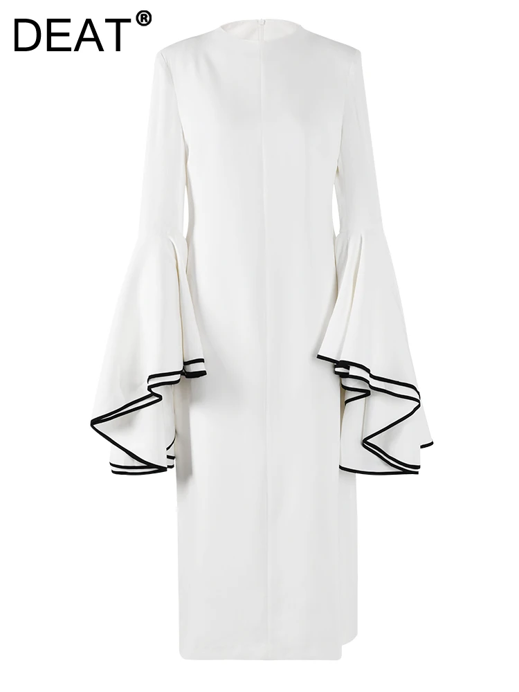 

DEAT Fashion Women's Dress Half High Collar Flare Sleeves Contrast Color Zipper Full-length Dresses Autumn 2024 New Tide 7AB2108