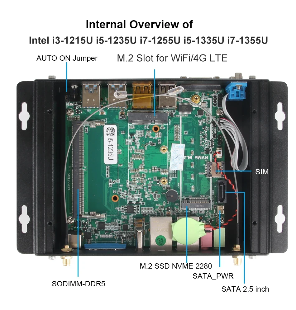 Fanless Industrial Mini PC i7-1355U 2x Gigabit Ethernet 2x COM RS232 8x USB Support WiFi 4G SIM LTE Windows Linux 3