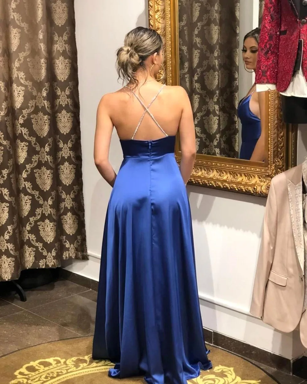 2022 Sexy A-Line Evening Dress With High Side Slit Satin Royal Blue Spaghetti Straps Sweetheart Sexy Vestidos De Fiesta De blue prom dresses