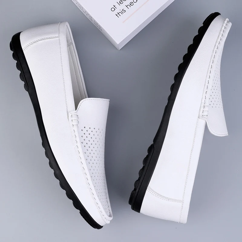 Summer Brand Men Shoes Casual Leather Hollow Out Moccasins Men Breathable Slip on Luxury Italian Men White Loafers Plus Soze 47 4
