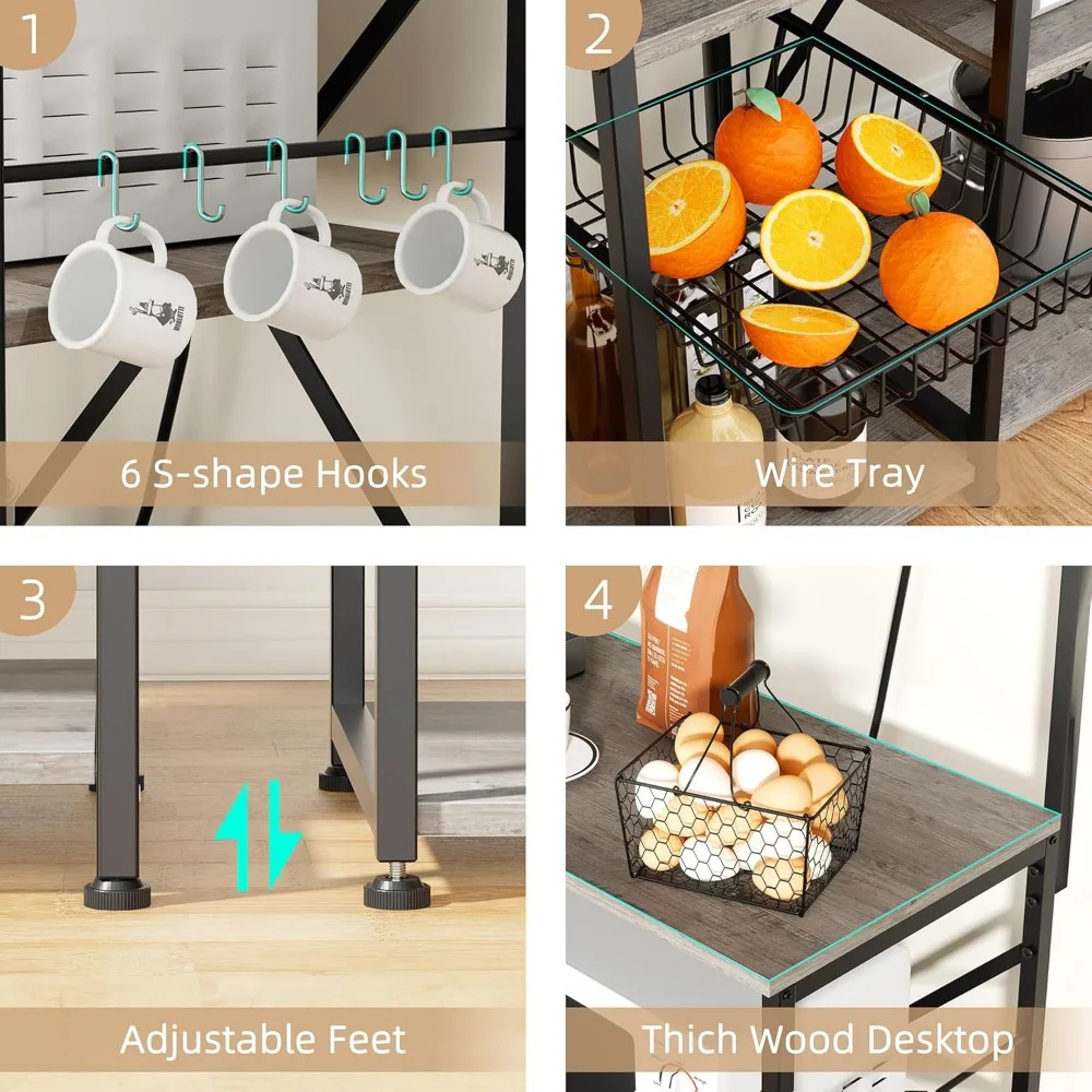 JAMFLY Bakers Rack with Power Outlet, Microwave Stand, kitchen Storage Shelf with 6 Hooks, Coffee Bar Station with Wire Basket, 4