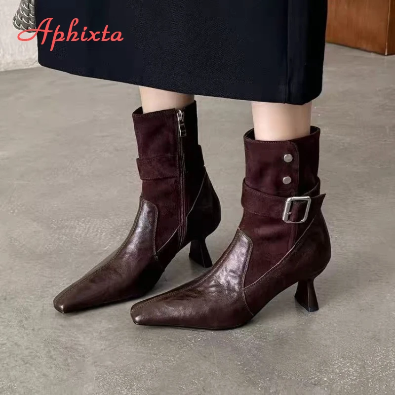 Aphixta High Heels Women Ankle Boots Elegant Metal Decoration Woman Modern Boot Side Zipper Sexy Soft Leather Women's High Boots