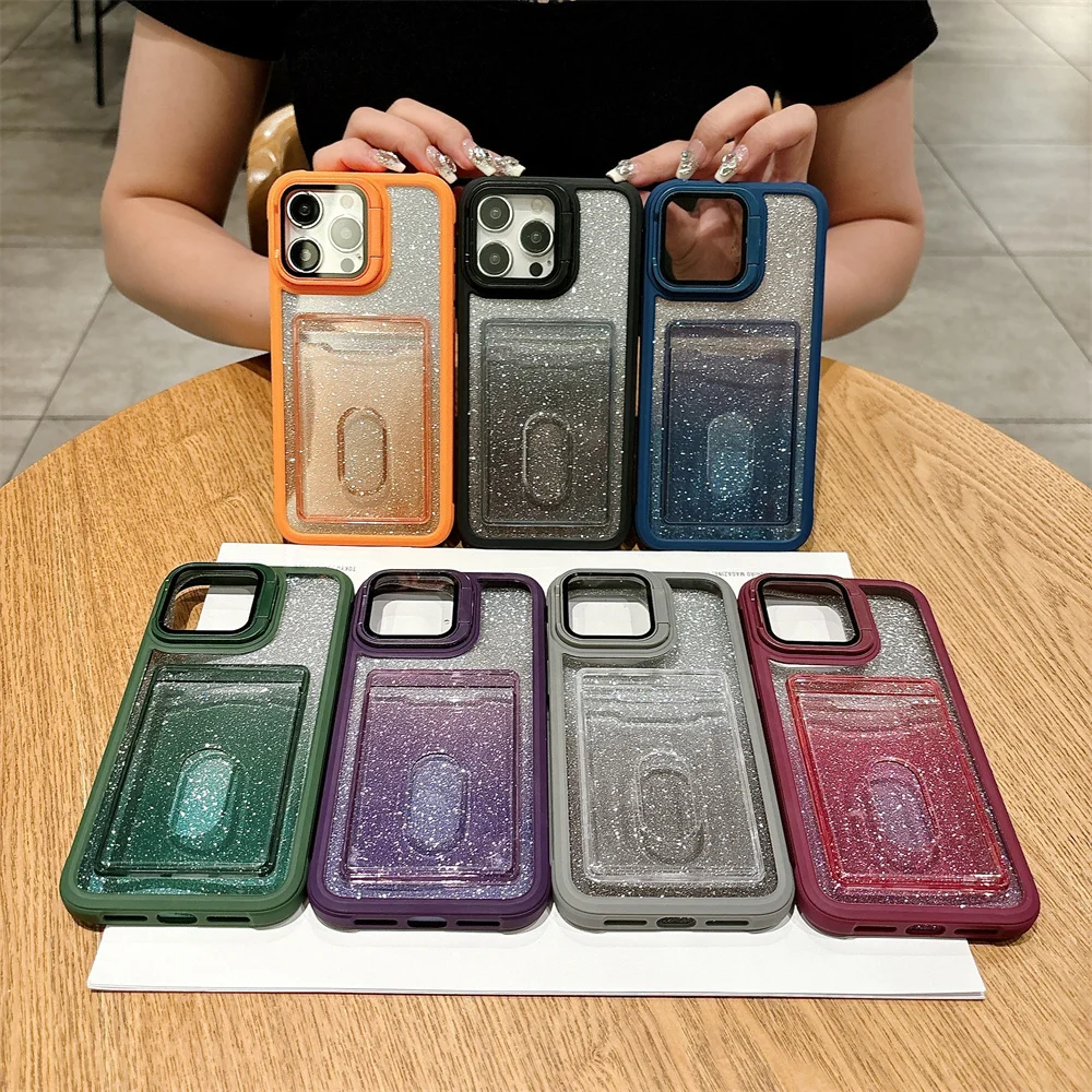 Shiny Card Bag Photo Clip Acrylic Case for iPhone 11 12 13 14 15 16 Pro Max Plus Soft Frame Flip Lens Glass Bracket Clear Cover