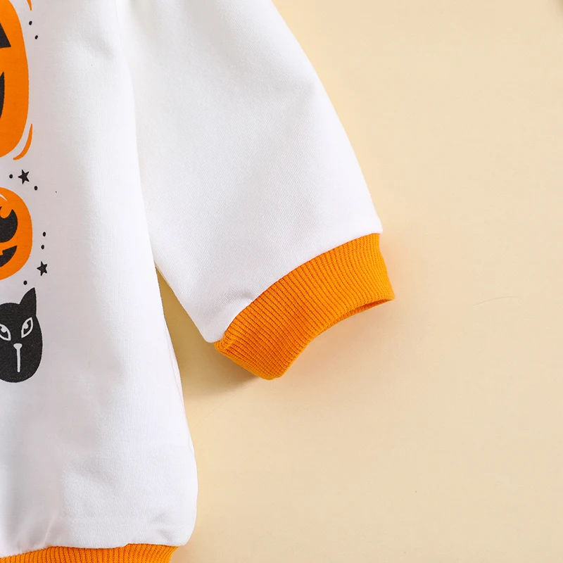 

Newborn Baby Romper Long Sleeve Halloween Jumpsuit Crew Neck Contrast Color Pumpkin Print Bodysuit Loose Fit Fall