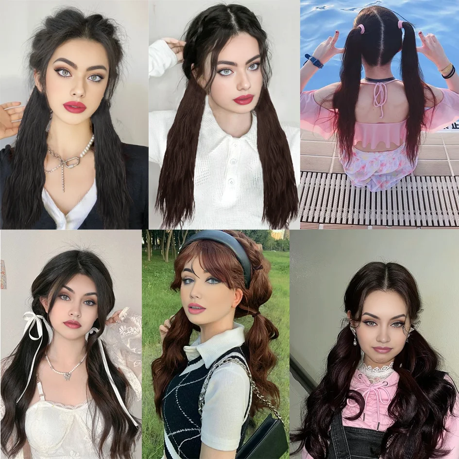 Synthetic 20 inch/22 inch long wavy ponytail tie, elastic headband hair accessory, ponytail extension, double ponytail Lolita