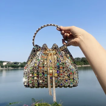 Borse da sera di design di lusso per donna Borsa a tracolla con pochette a secchiello con strass di cristallo per banchetti