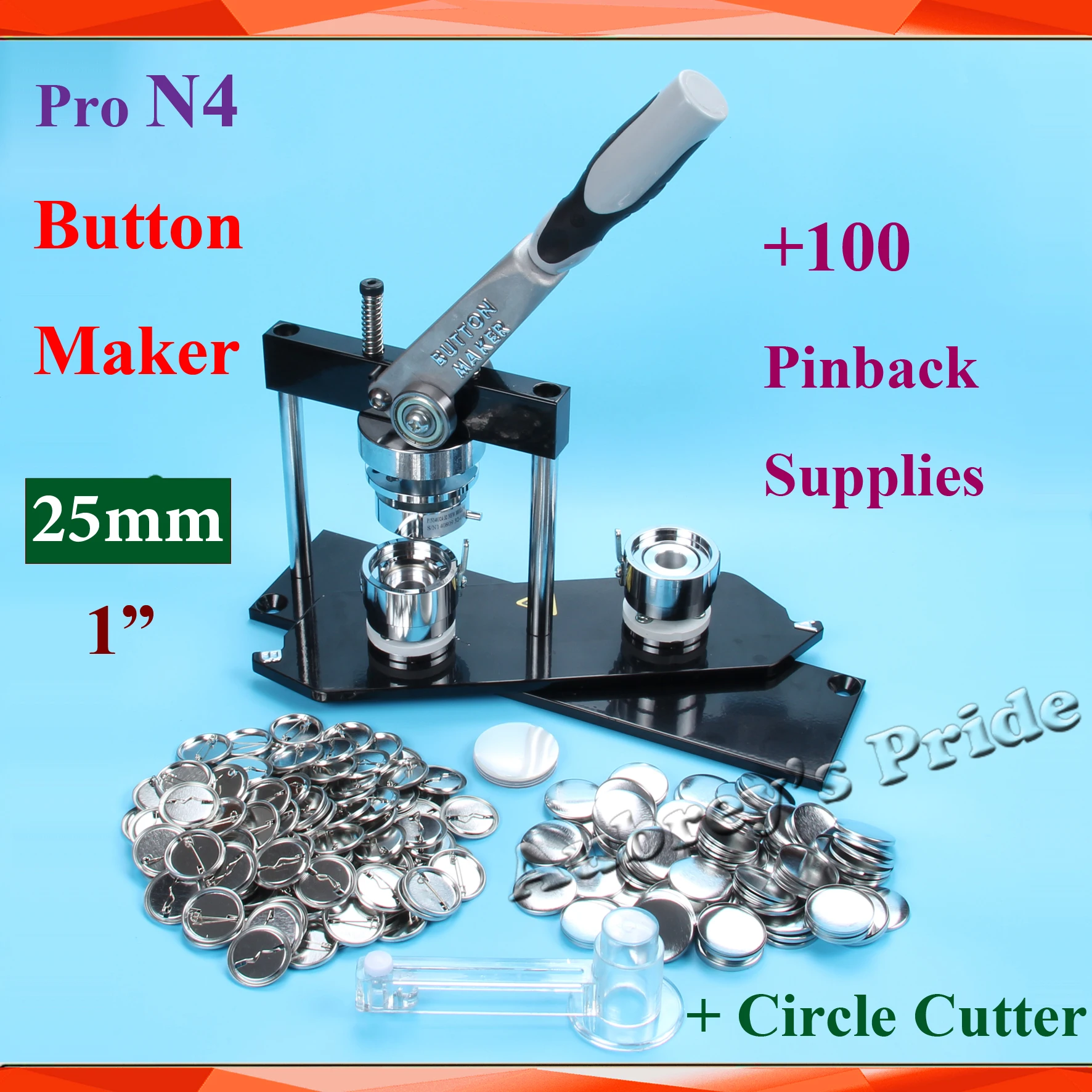 NEW N4 25 32 37 44 50 56 58 65 75 90 100mm Badge Button Maker Machine +Adjustable Circle Cutter+100 Sets Metal Pinback Supply