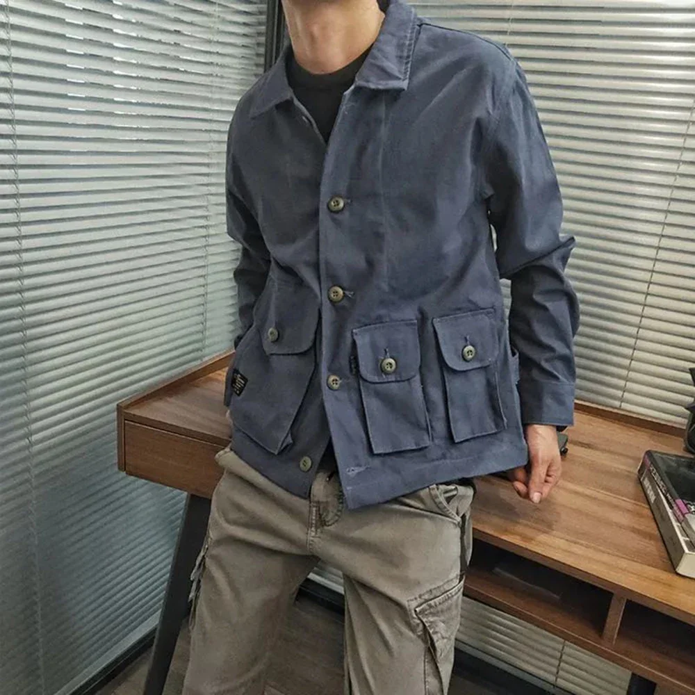 

Autumn Winter Workwear Style Mens Multi-Pocket Jackets American Retro Casual Solid Comfortable Fashion Handsome Jacket Tops