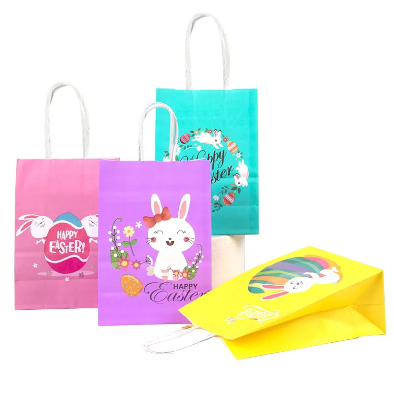Pasimy 18-Pack Easter Gift Bags With Handles - Kraft Paper Bunny Egg Goodie Bags 8.7x6.3x3.2 Inch For Candy & Party Favors