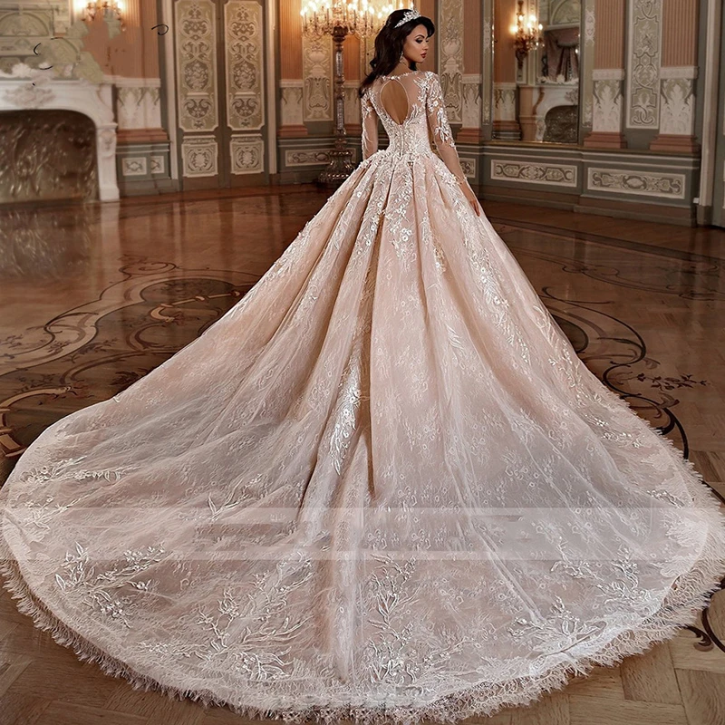 Luxury Women's Wedding Dresses Elegant Retro Round Neck Bridal Gowns Lace Applique A-Line Church Beads Vestidos De Noiva Manga 2
