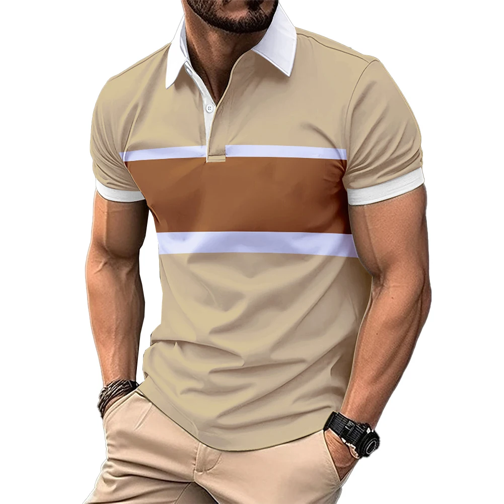 Mens Tops Shirt Short Sleeve Slim Fit Stripe T Shirt Tee 1 Pc Blouse Button Collar Casual For Summer Polyester