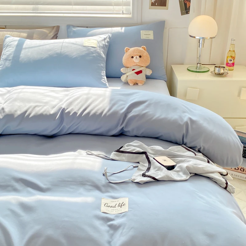 Cotton Bedding Set YanYangTian Bed Linen Bedding set Washed Cotton Four-Piece Bed Sheets Set Comfort Sets Solid Christmas Couple Quilt Cover
