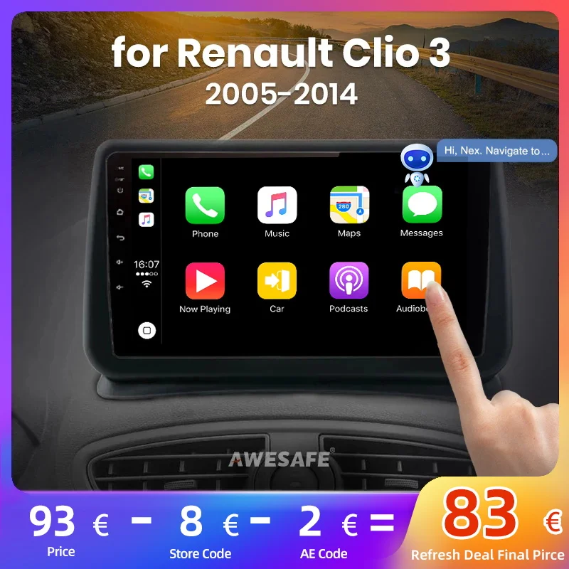 Autoradio Android 15 Pour Renault Clio 3 (2008-2014) - 9 Pouces, Carplay & Android Auto Sans Fil, 4Go/128Go, GPS, WiFi, Caméra Recul