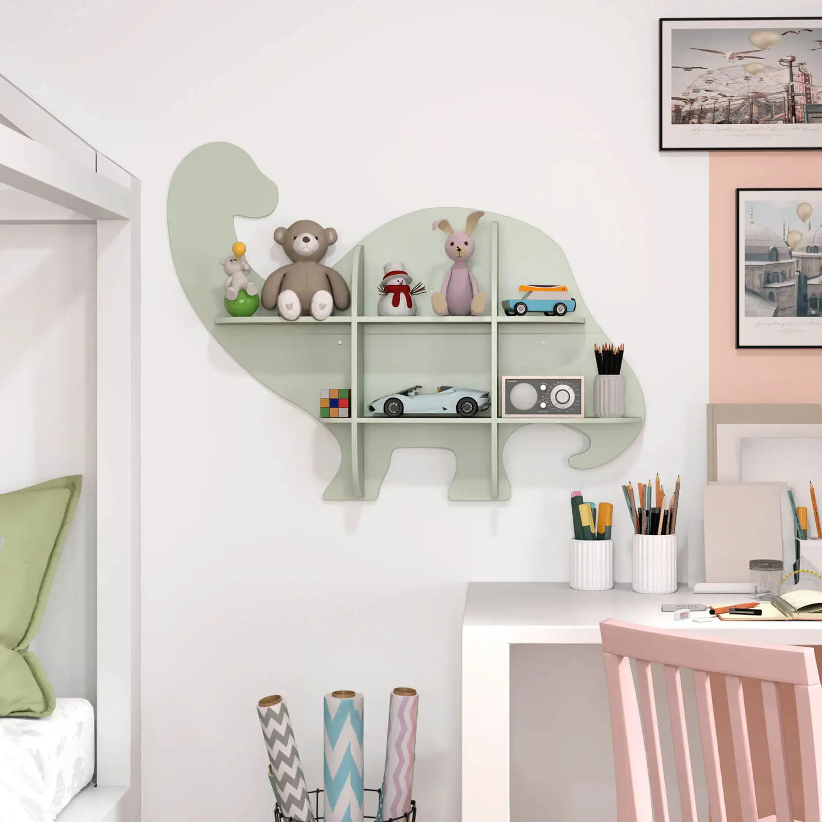 2-Tier Floating Dinosaur Kids Bookshelf Wall-Mounted Nursery Book Shelf 6