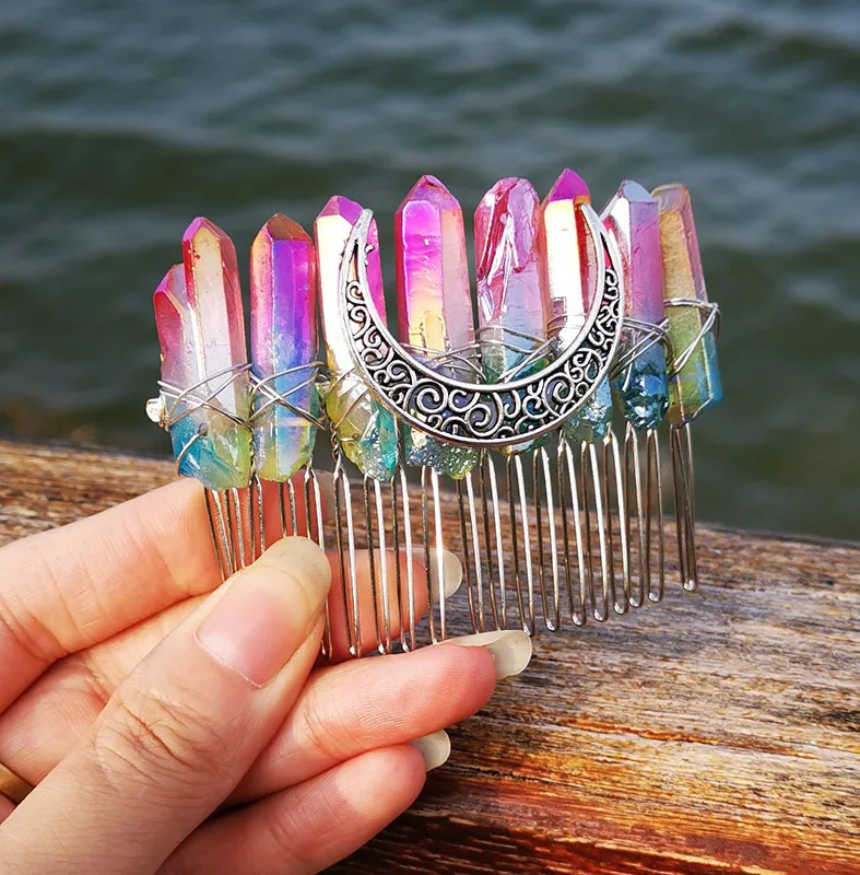 Wicca Raw Natural Crystal Comb Moon Mermaid  Rainbow Tiaras Hair Comb Witchcraft Jewelry Accessories Bridal Party Decoration Gif