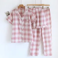 2026 New Summer Women's Pajama Set 100% Cotton Gauze Thin Short Sleeve+Shorts+Pants Simple Checkered Home Furnishing Set