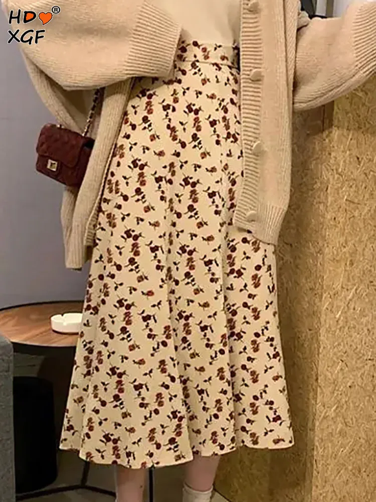 

Vintage Printing Pleated Floral Skirt Women Spring Elastic High Waist A-line Sweet Maxi Skirt Fashion Elegant Casual Long Skirts