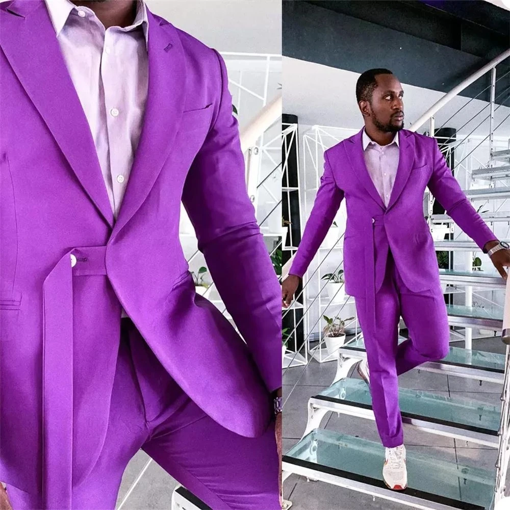 

Latest Design Purple Men Suit With Belt Costume Homme Wedding Prom Terno Masculino Slim Groom Tuxedos Blazer 2 Pc Jacket+Pant