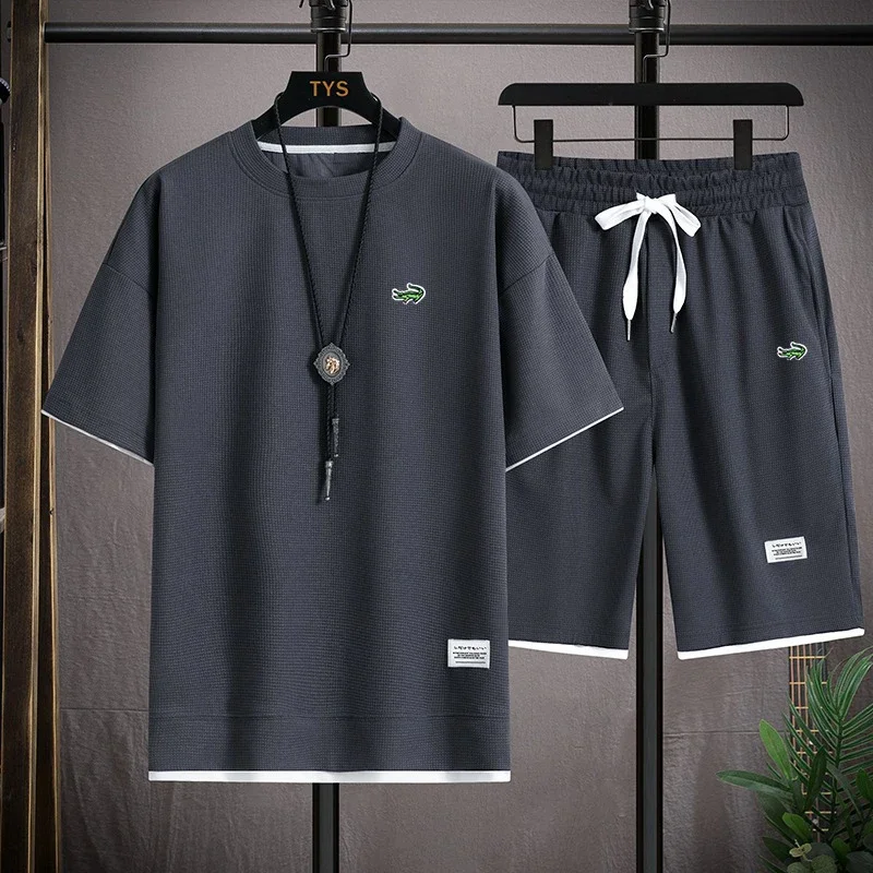 

Embroidery logo Men's Sets Tracksuits Linen Fabric Short Sleeve T-Shirts+Shorts Streetwear Homme Jogging Sportswear 2 Pieces Set