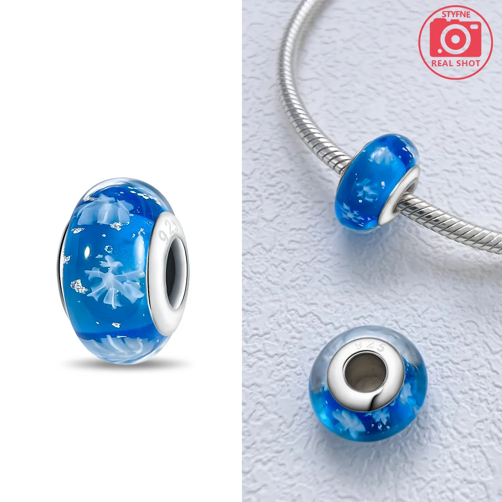 925 Sterling Silver Bracelet Charms Pink Blue Glass Beads