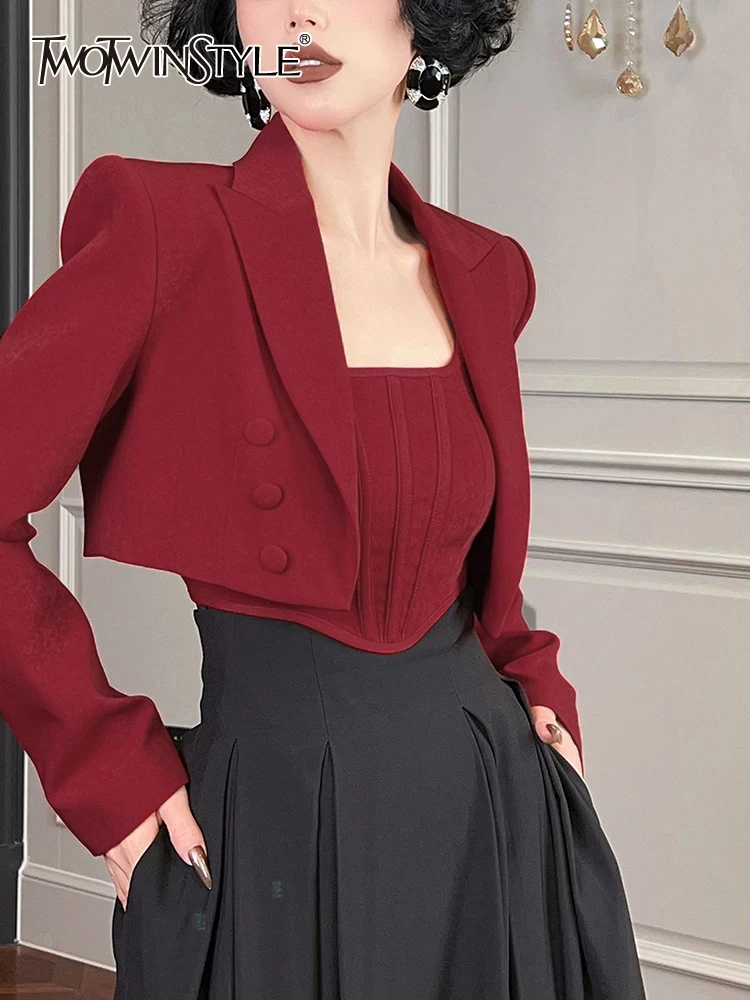 

TWOTWINSTYLE Solid Slimming Two Piece Sets For Women Square Collar Sleeveless Top Lapel Long Sleeve Blazer Elegant Set Female